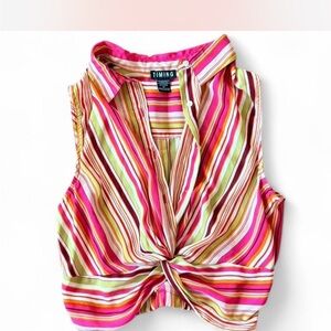 Timing Pink Tan Sleeveless Tie Front Blouse